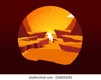 Orange illustration of rocky terrain. Round illustration.