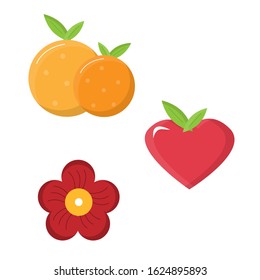 orange illustrations, cerry heart-shaped and flower buds, can be used for icons.