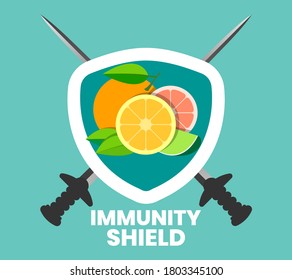 Orange immunity shield design unit - immunity concept with shield and sword. Natural immunity protester. 