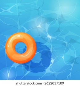 An orange inflatable swim ring drifting over sparkling water under bright sunlight. Realistic shadow play and shimmering highlights create a lively summer composition viewed from above.