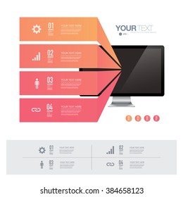 Orange infographic design with realistic 3d computer on simple white background  
can be used for workflow layout, diagram, chart, number options, web design. 
Eps 10 stock vector illustration 