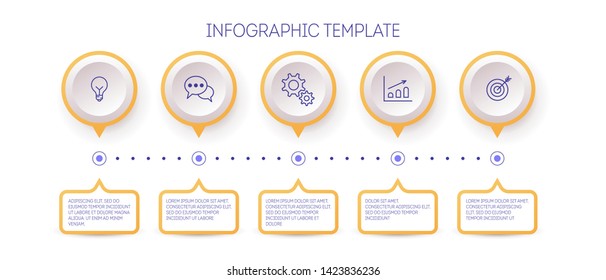 Orange infographic process template with icons and 5 steps