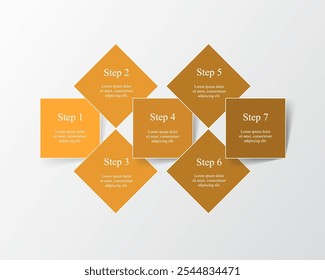 Modelo infográfico laranja com 7 etapas, opções, partes ou processos.