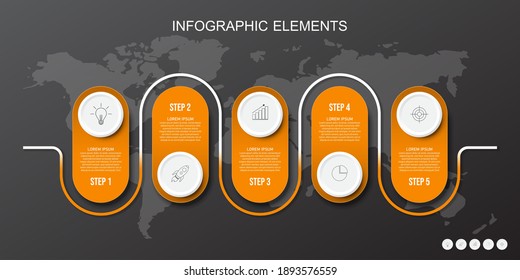 Orange infographics elements, Thin line pictograms, pointers and text box, Concept of business model with 4 successive steps, Modern design template, Steps or processes.