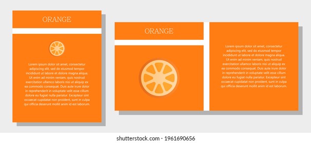 Orange. Information banner or tag in two designs. Description and useful properties of an orange. Template for essential oil, spices. Place for your text.
