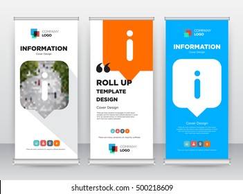 Orange Information Blue Background Modern Exhibition Advertising Trend Business Roll Up Banner Stand Poster Brochure flat design template creative concept. Presentation. Cover Publication. Vector. EPS