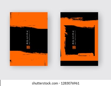 Orange ink brush stroke on black background. Japanese style. Vector illustration of grunge abstract stains.