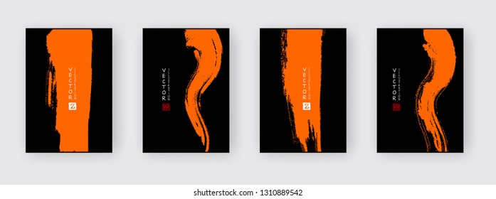 Orange ink brush stroke on black background. Japanese style. Vector illustration of grunge abstract stains.