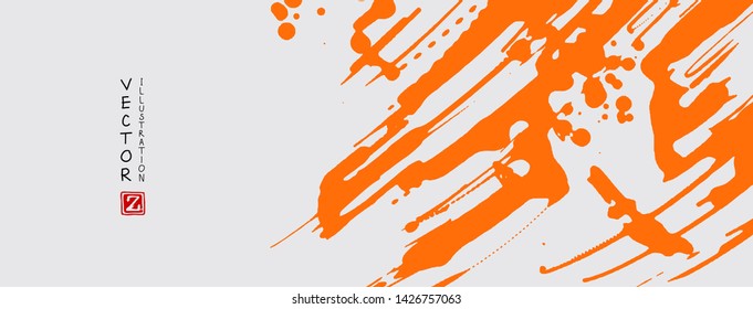 Orange ink brush stroke on white background. Japanese style. Vector illustration of grunge stains