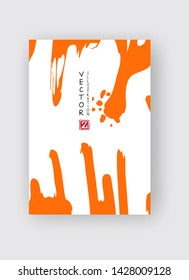Orange ink brush stroke on white background. Japanese style. Vector illustration of grunge stains