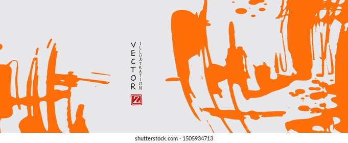Orange ink brush stroke on white background. Japanese style. Vector illustration of grunge stains