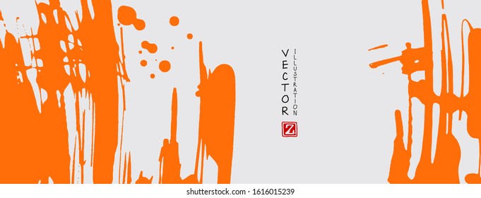 Orange ink brush stroke on white background. Japanese style. Vector illustration of grunge stains