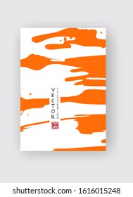 Orange ink brush stroke on white background. Japanese style. Vector illustration of grunge stains
