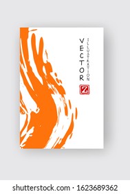 Orange ink brush stroke on white background. Japanese style. Vector illustration of grunge stains