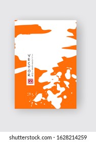 Orange ink brush stroke on white background. Japanese style. Vector illustration of grunge stains