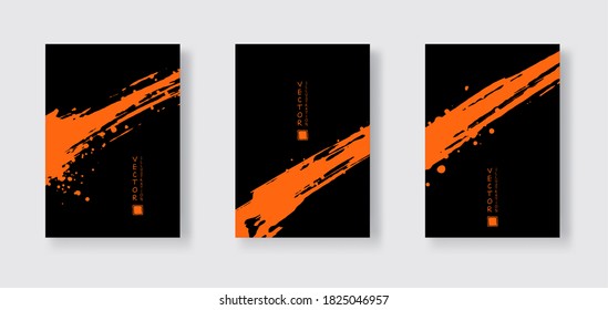 Orange ink brush stroke on black background. Japanese style. Vector illustration of grunge wave stains.Vector brushes illustration.