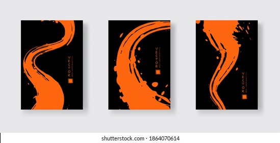 Orange Ink Brush Stroke On Black Background. Japanese Style. Vector Illustration Of Grunge Wave Stains.Vector Brushes Illustration.