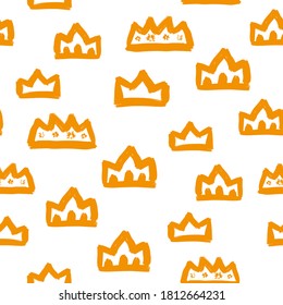 Orange ink crown isolated on white background. Childish cute seamless pattern. Colored contour silhouette. Vector flat graphic hand drawn illustration. Texture.