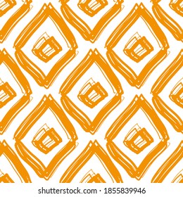 Orangefarbene rosafarbene Busse einzeln auf weißem Hintergrund. Geometrisches monochrome Muster ohne Grenzen. Vektorflache, handgezeichnete Illustration. Textur.