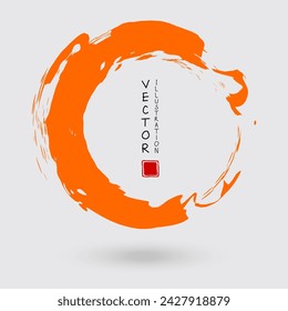 Orange ink round stroke on white background. Japanese style. Vector illustration of grunge circle stains