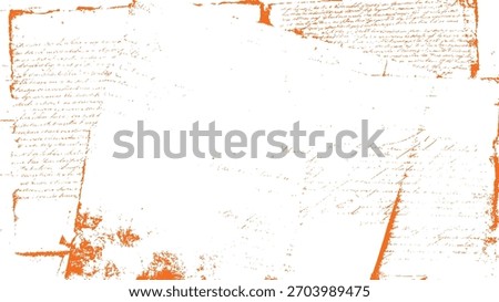 Orange ink scribbled handwritten text and distressed paper texture overlay on white background abstract