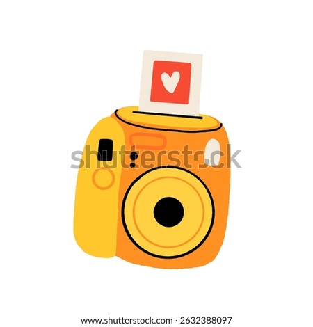 Orange Instant camera device. Photography camera Hand drawn trendy flat style on white background. Icon for websites or mobile applications. Flash and lens visible. Vector illustration