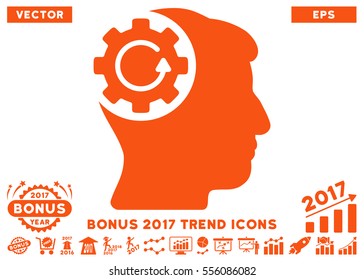 Orange Intellect Gear Rotation pictogram with bonus 2017 year trend pictures. Vector illustration style is flat iconic symbols, white background.