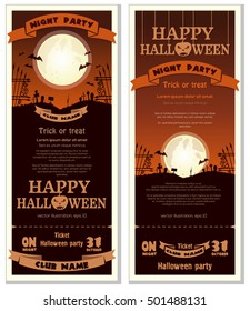 Orange invitation card for Halloween night party. Full moon over the cemetery. Vector illustration