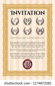 Orange Invitation. Customizable, Easy to edit and change colors. With great quality guilloche pattern. Money style design. 