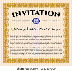 Orange Invitation. Customizable, Easy to edit and change colors. With complex linear background. Money Pattern. 
