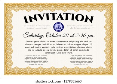 Orange Invitation. Detailed. With linear background. Money design. 