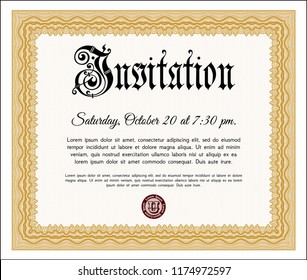 Orange Invitation. With guilloche pattern. Good design. Detailed. 