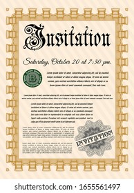 Orange Invitation template. Cordial design. Vector illustration. With great quality guilloche pattern. 