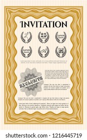 Orange Invitation template. Detailed. With complex linear background. Good design. 