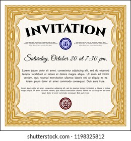 Orange Invitation template. Detailed. With great quality guilloche pattern. Money design. 