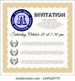 Orange Invitation template. Excellent design. With guilloche pattern and background. Detailed. 