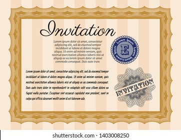 Orange Invitation template. Good design. Vector illustration. With complex linear background. 