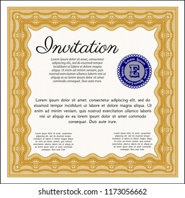 Orange Invitation template. With great quality guilloche pattern. Detailed. Cordial design. 