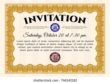 Orange Invitation template. With great quality guilloche pattern. Detailed. Money design. 