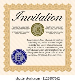Orange Invitation template. With guilloche pattern and background. Vector illustration. Lovely design. 