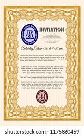 Orange Invitation template. With guilloche pattern. Elegant design. Customizable, Easy to edit and change colors. 