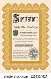 Orange Invitation template. With guilloche pattern. Detailed. Nice design. 