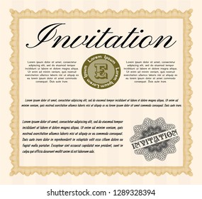 Orange Invitation template. With guilloche pattern. Detailed. Artistry design. 