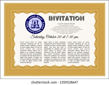 Orange Invitation template. With guilloche pattern. Perfect design. Vector illustration. 