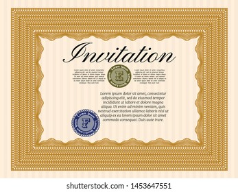 Orange Invitation template. With guilloche pattern and background. Detailed. Money style design. 
