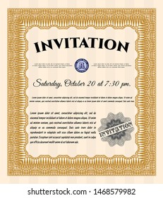 Orange Invitation template. With guilloche pattern. Detailed. Excellent design. 