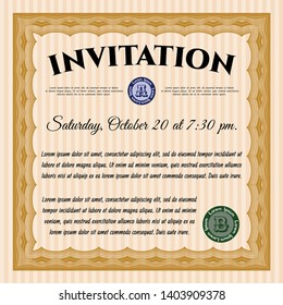 Orange Invitation template. Lovely design. With great quality guilloche pattern. Detailed. 