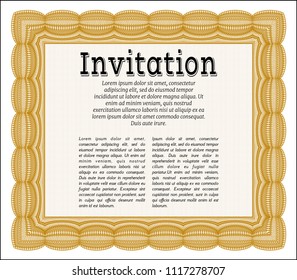 Orange Invitation template. Modern design. With great quality guilloche pattern. Vector illustration. 