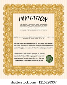 Orange Invitation template. Modern design. With great quality guilloche pattern. Detailed. 