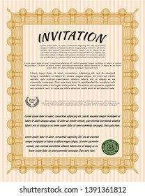 Orange Invitation template. Money Pattern design. Detailed. With guilloche pattern and background. 